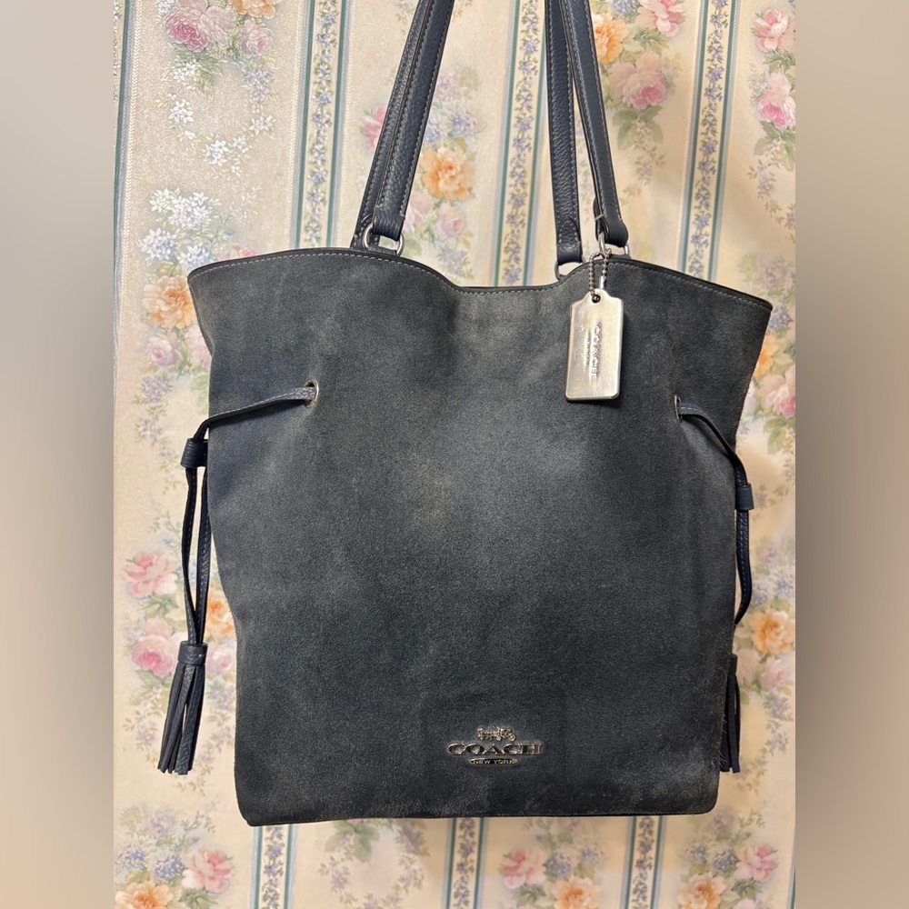 Coach 2023 Deep Blue Suede Tote Bag Drawstrings SUPER CLEAN